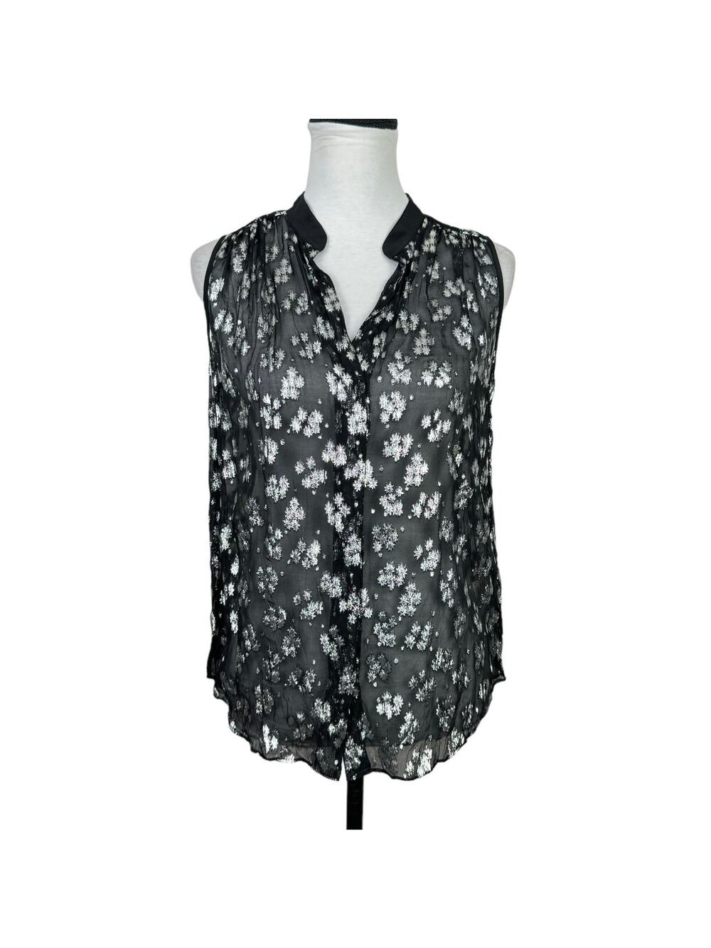 Rebecca Taylor Black & Metallic Silver Sheer Silk Snap Front Sleeveless Blouse